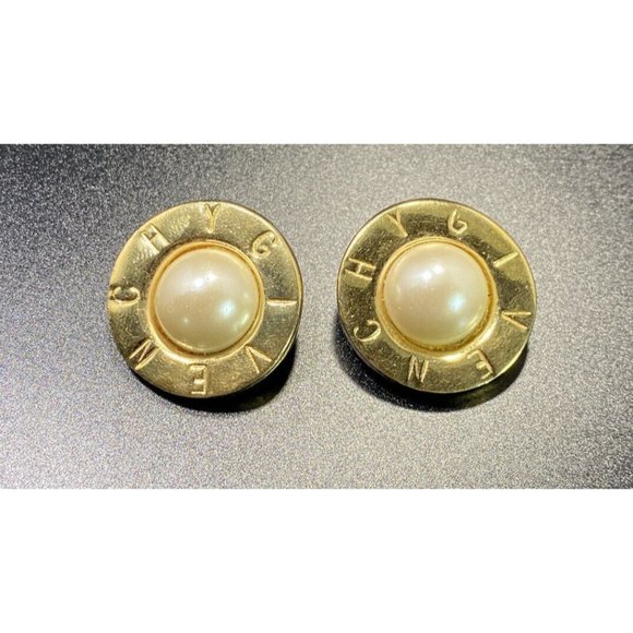 Givenchy Signed Gold Plate Pearl Earrings Round Clip on  Givenchy Signed Gold Plate Pearl Earrings Round Clip On Paris NY